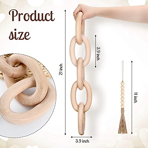 2 Pieces Decorative Wood Link Chain And Wooden Beads Garland With Tassel 5-Link Wood Link Chain Decor Rustic Bead Garland Modern Farmhouse Wooden Decor Set For Home Living Room Bedroom (Wood Color) #TOP1