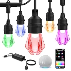 XMCOSY+ Smart Outdoor String Lights – 64ft RGBCWIC Patio Lights with 24 Color Changing Bulbs, LED String Light for Outside Backyard Bistro Party, APP WiFi Control, Work with Alexa, IP65 Waterproof