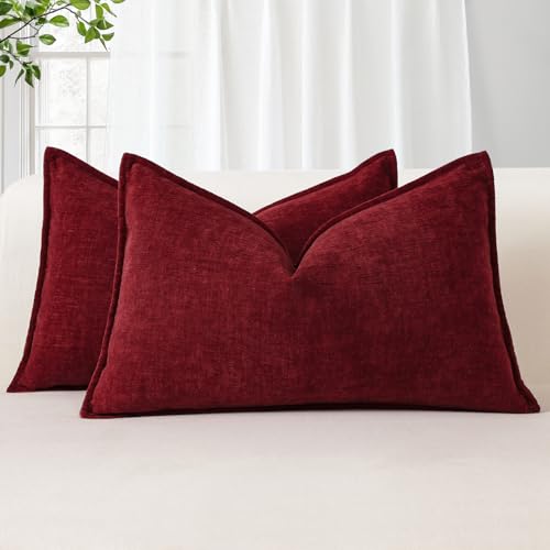 Image of Sungeek Set of 2 Soft Chenille Cushion Covers 30x50cm Lumbar Decorative Throw Pillow Covers with Stitched Edge Solid Dyed Pillow Cases Covers for Home Decor Couch Sofa Bed Living Room, Dark Red