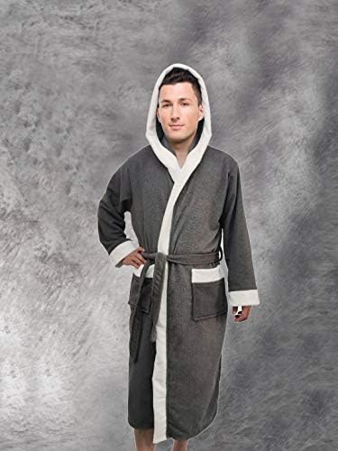 Mens Hooded Style Designer Dressing Gown Bathrobe, Housecoat Loungewear Super Soft Luxury Microfiber Terry Cotton, Warm, Cosy Fleece Nightwear Robe, Spa Hotel Sleepwear (Grey, S / M)