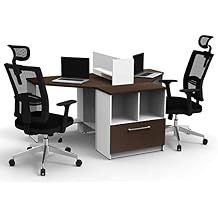 2 Person Office Reception Desk Reception Corner Collaboration Furniture Model 4329 4 Pc Group Contemporary White/Espresso Color.