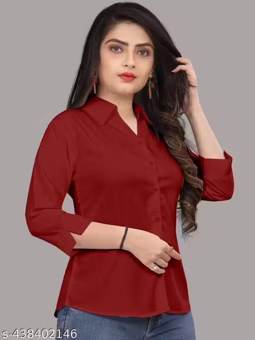 Image of Women's Cotton Blend Solid Shirt - Stylish Collar Neck-Purple-G1 P7