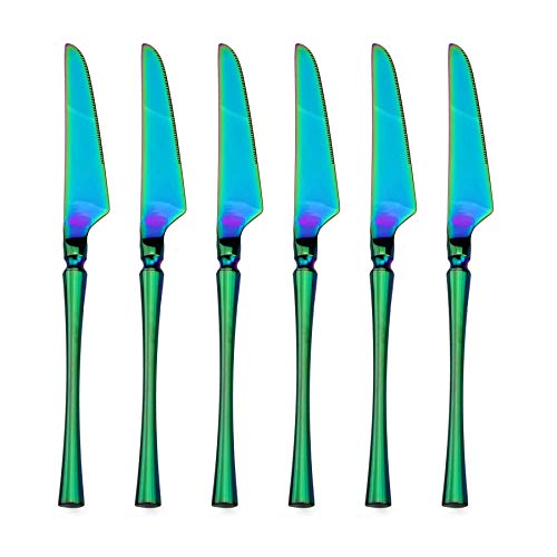 BRIIEC 8.86 Inches Colorful Dinner Knives Set, 18/10 Stainless Steel Rainbow Flatware Set, Pack of 6
