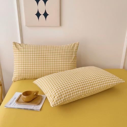 Image of LifeTB Yellow Gingham Comforter King Comforter Set Geometric Checkered Plaid Bedding Comforter with 2 Pillowcases Fluffy Soft Lightweight Bedding Boho Grid Plaid Comforter Set King for All Seasons