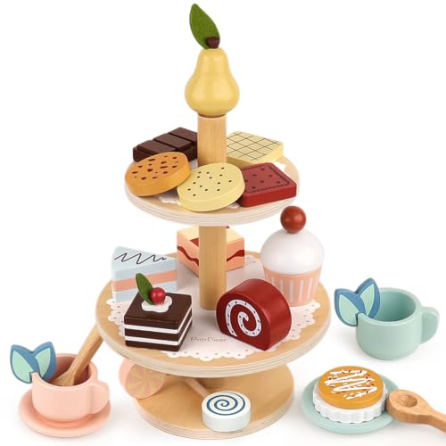 PairPear Tea Party Set Dessert Stand for Toddlers, Wooden Play Food Tea Set | 22 Pcs Play Kitchen Accessories, Pretend Play Montessori Toys for Boys Girls Age 3+