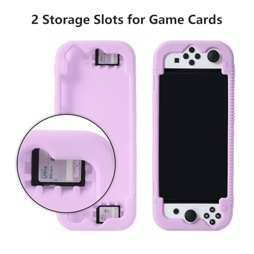 Teyomi Silicone Case Compatible with Nintendo Switch OLED Model 2021, Shockproof Protective Cover with Tempered Glass Screen Protector, Ergonomic Grip Case for Switch OLED, 2 Game Cards Slots (Purple) - Image 4