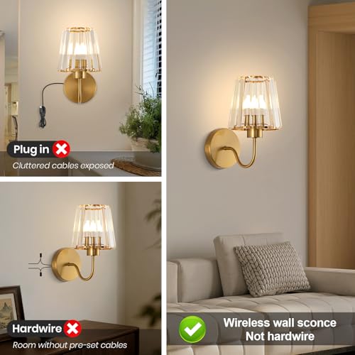 Image of EIDISUNY Crystal Battery Operated Wall Sconces, Set of 2, Gold | Wireless, RGB Rechargeable Dimmable, Vintage, Bedroom Living Room Hallway, Bulbs Included