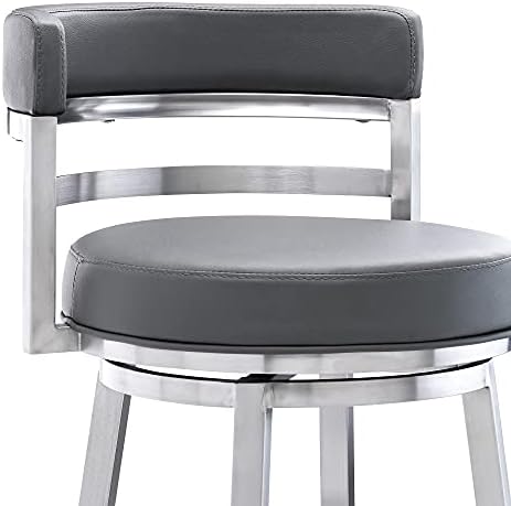 Ergode Madrid Armless Barstool | Stylish & Modern Design | Brushed Stainless Steel Frame | Grey Faux Leather Seat | 360 Swivel | Floor Protectors
