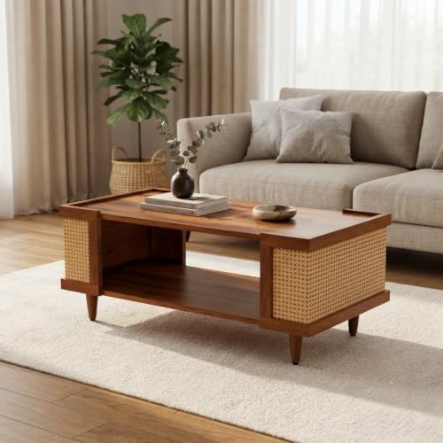 Image of Wooden Centre Table for Living Room | Modern Coffee Table with Cane Rattan Side Panels & Open Storage Shelf | Rectangle Center Table for Home, Drawing Room & Office | Solid Wood Tea Table