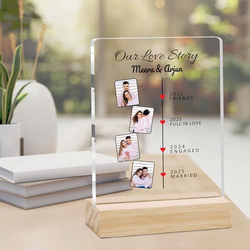Image of Giftplease Customized Photo Frame with Wooden Stand | Transparent | Personalized Couple Picture Frame Gift for Girlfriend, Boyfriend, Husband, Wife |Anniversary, Wedding, Valentine s Day C 08