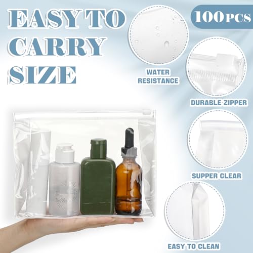 Xuniea 100 Pcs Mini Clear Makeup Bag PVC Small Travel Toiletry Organizer Pouches Bulk Waterproof Transparent Plastic Cosmetic Bag with Zipper for Women Men Travel (11'',9.8'',7.9'',5.9'')3
