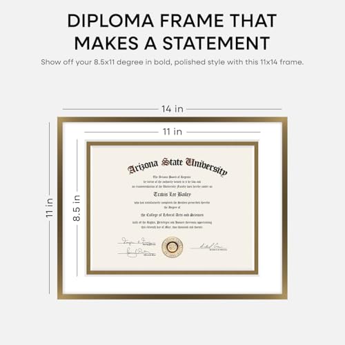 Image of Homeforia 11x14 Diploma Frame Bronze, High End Metal 11 x 14 Certificate Frames with Mat 8.5 by 11, 11by14 Document Frame Matted to 8.5x11, Award Graduation Frames, Tempered Glass, Wall Kit, Set of 2