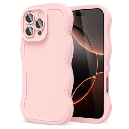 oakxco Silicone Case for iPhone 16 Pro Case Wavy Edge, Cute Curly Wave Frame Ripple Trendy Design Girly Phone Case for Women, Y2k Aesthetic Plain Matte Rubber & Camera Cover Protection, Light Pink