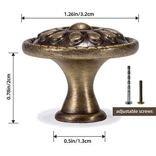 Fecraf 10 Pack Antique Brass Cabinet Knobs, Vintage Retro Drawer Knobs, Solid Round Dresser Knobs for Nightstands Single Hole Cabinet Hardware, Diameter 1.18in