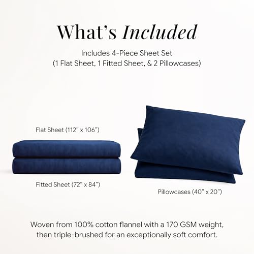 Image of Tribeca Living Triple Brushed Soft Cotton Flannel Sheets Set, Cal King Size 170-GSM Weight Extra Deep Pocket Sheet in Solid Dark Blue Color