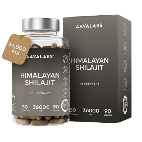 Shilajit Puro del Himalaya -36,000mg (Extracto 30:1) - 90 Shilajit Capsulas (No Shilajit Gummies) - con 50% de Acido Fulvico - Más Conveniente que el Resina de Silajhit - Rico en Minerales Traza