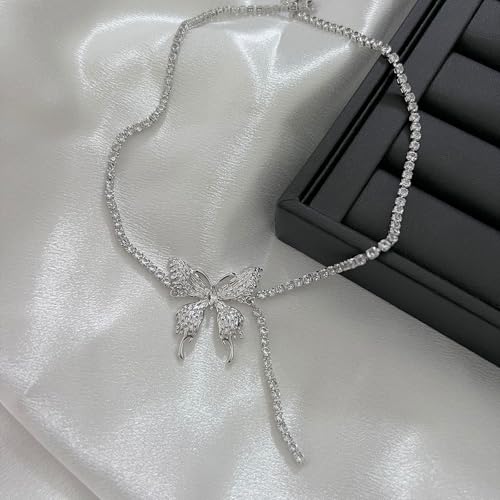 GIGB PBDK Silver Crystal Butterfly Y Collarbone Necklace for Women - Fashion Adjustable Pendant Choker Sparkle Statement Jewelry Gift4