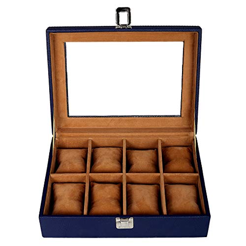 Leather World Watch Box Organizer- 8 Slots Watch Storage Holder and Jewelry Case Collection Box Vegan Leather for Men and Women (Blue) With Transparent Display