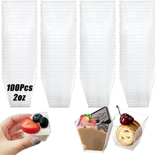 Akasooda 100個 プラスチック 使い捨てデザートカップ 2オンス 透明 正方形 ミニクリア 前菜カップ スクエアカップ カップ チョコレート ケーキ アイスクリーム用 60ml おしゃれ パーティー 業務用 (スプーンなし,100個2オンス)