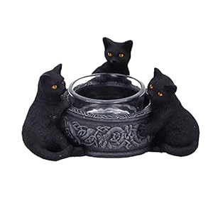 10cm Schwarze Katzen! Keltisches Trio als Kerzenhalter mit Teelicht-Glas, Fantasy | Kerzenständer
