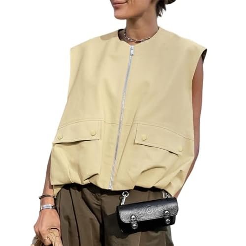 PAODIKUAI Women's Casual Zip Up Vest Cargo Ruched Hem Lightweight Sleeveless Blazer Oversized Jackets Top with Pockets Small Light Yellow