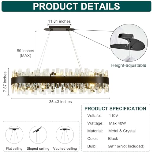 Image of AioTio Modern Crystal Chandelier, L35.4'' Black Rectangle Raindrop Chandelier, 16 Lights Luxury K9 Crystal Oval Ceiling Light Fixture for Kitchen Island, Dining Room, Living Room, Home Office