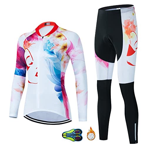 Ropa de Ciclismo Mujer Invierno|Conjunto Ciclismo Larga Invierno|Maillot Bicicleta Polar Térmico y 20D Almohadilla De Gel Pantalones, Malla Transpirable Jerseys para MTB Deportes al Aire Libre Cover