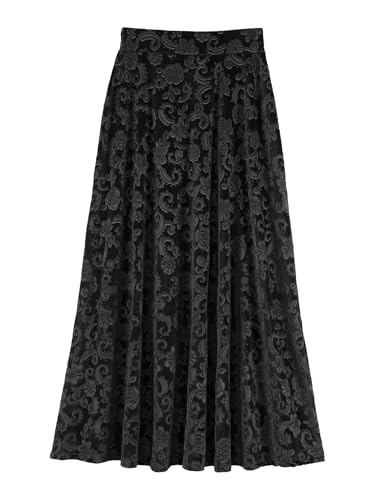 JEYPINMI High Waisted Maxi Skirt for Women Vintage Floral Jacquard Velvet Party Skirt Flared A-Line Long Skirt3