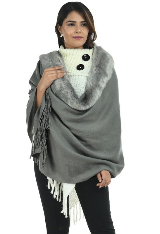 Image of Manra Women's Solid Faux Fur Border Stole Shawl Warm Wrap Cape for Winters (SC 14)