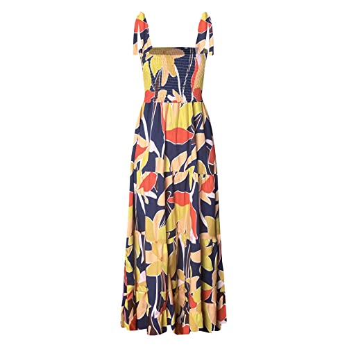 Image of kinstell Women's Summer Boho Spaghetti Strap Square Neck Ruffle Casual Flowy Long Dress Beach Swing Party Maxi Dress