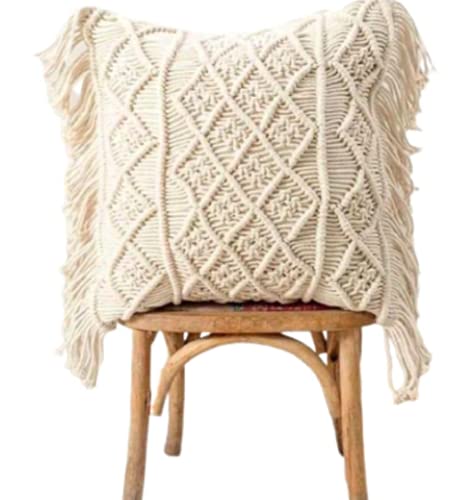 Boho Rustique: Handcrafted Bohemian Rustic Vibe Cushion Cover (Natural Ivory White, 18 x 18in)