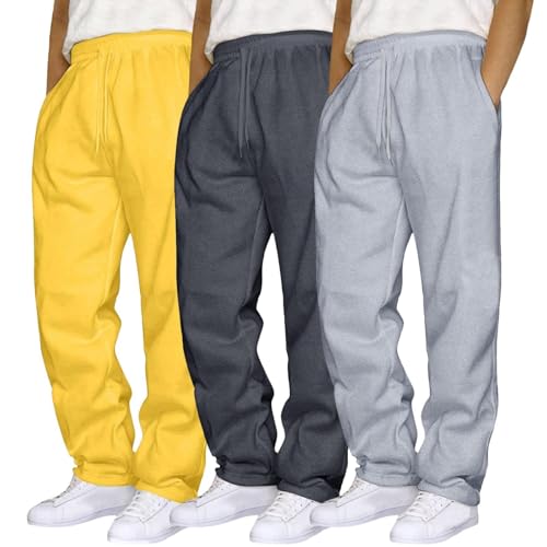 3 Pack Sweatpants for Men Straight Leg Elastic Waist Sweatpants Fleece Open Bottom Drawstring Joggers Sweat Pants