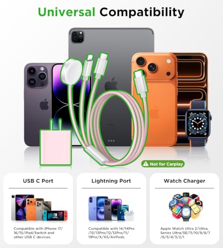 Image of Travel Essentials Multi Charging Cable with 20W Charger Block | 3 in 1 Type C /Lightning /Magnetic Charging Cable for Apple Watch Charger,iPhone Charger,Cruise Vacation Camping Essentials-4FT