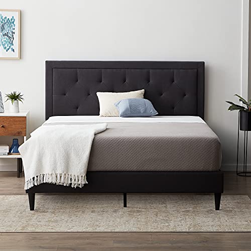 LUCID Upholstered Platform Bed Frame– No Box Spring Needed – Full Size Bed Frame with Headboard – Charcoal