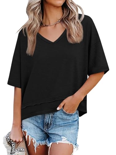 Cicy Bell Oversize Tshirt Damen V-Ausschnitt Oberteile Kurzarm Loose Fit Tops Bluse Basic Tee Shirts.Schwarz M