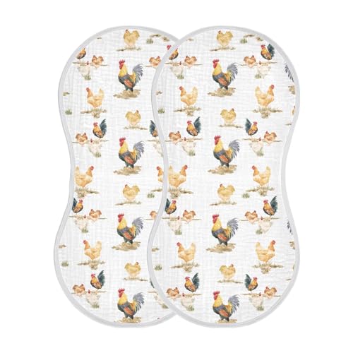 Image of JHKKU Muslin Burp Cloths for Baby Boys and Girls - 2-Pack Ultra Absorbent Rustic Retro Chickens Rooster Muslin Washcloths, Newborn Towel, Milk Spit Up Rags, Burp Cloth Bibs for Unisex, 22 x 11 Inch