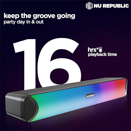 Image of Nu Republic Party Box 200 Bluetooth Soundbar with X-Bass Technology, 52mm Dual Dynamic Drivers, 20W Output, Upto 16 Hrs Playtime, Multiple RGB LED Lights, USB Port, Bluetooth 5.3v (Black, 2.0 Channel)