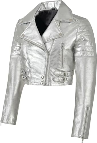 SpazeUp Women's Cropper Leather Jacket - Ladies Short Body Biker Leather Jacket Silver Golden2