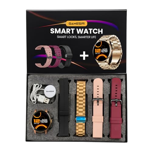 Image of GameSir H20 Gold Dial Smart Watch Combo 1.49 inch AMOLED Display with 4 Straps, Bluetooth Calling, IP67, Crown Control, 100+ Sports Modes, SPO₂ & Health Tracking, for Men & Women (Gold Dial)