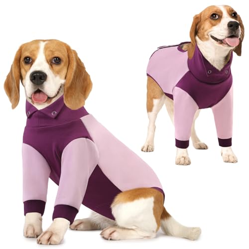 Image of AOFITEE Dog Recovery Suit for Front Legs, Breathable Dog Wound Care Shirt to Stop Licking, Thigh Protective Dog Surgical Suit Male Famale, Dog Surgery Suit Female Spay Cone Collar Alternative, Purple