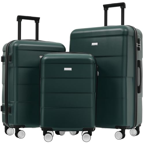 Hardshell Luggage Set of 3, Lightweight Suitcase with Double Spinner Wheels, 20/24/28 Inch, Secure Password Lock for Travel (Dark Green)