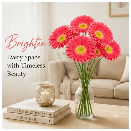 Image of CURATED CART Gerbera Daisy Flowers - Pack of 5 Pink Faux Blooms, 30cm Tall | Real Touch PU Petals with Bendable Green Stems | Artificial Flower Bouquet for Home, Kitchen, Office (Pink) (No Vase)