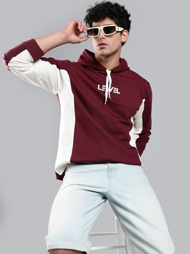 Image of LEWEL Men's Stylish Hooded Colorblock Cotton Fleece Sweatshirt (Maroon, Off White)