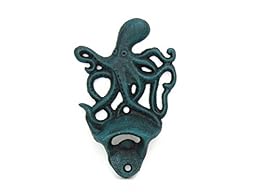 Hampton Nautical K-9116-seaworn Seaworn Blue Cast Iron Wall Mounted Octopus Bottle Opener 6" - Vintage Cast Iron Decor - Sea Life Decor