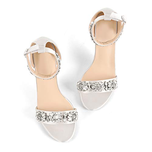 LISHAN Women\'s Satin Bridal Rhinestone Ankle Buckle Strappy Sandals Jewel Embellished Mid Kitten Heel Party Wedding Dress Shoes White Size 5