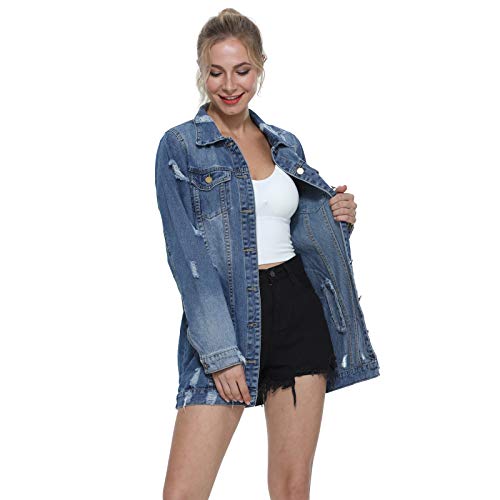 Women's Long Style Ripped Denim Jeans Jacket Longline Casual Long Sleeve Outfits Trench Coat Spring Autumn Winter Outwear (Blue, L)