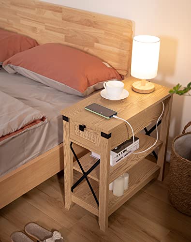 Awescuti Narrow End Table With Charging Station Farmhouse Slim Side Table W/Usb Ports Power Outlets, Rattan Nightstand W/Flip Top Storage Drawer, For Small Spaces Living Room Bedroom, Oak Color #TOP4