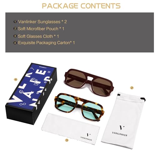 Image of VANLINKER Retro Square Aviator Sunglasses for Women Men 70s Vintage Style Trendy Flat Top Rectangle Sun Glasses VL9826