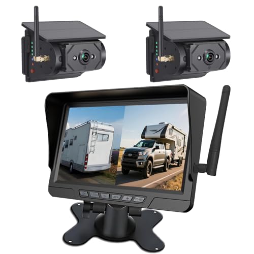 Image of Dual Magnetic Solar Wireless Backup Camera 7 inch Monitor-Max4 Channels DVR Looping 1080P 9600Amh Rechargeable Suitable for Truck Trailer Semi RV Camper Rear View Camera Easy Install (2 Camera)