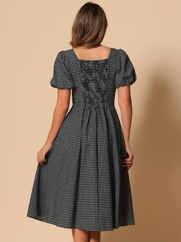 Image of Allegra K Plaid Dress for Women Summer Smocked Back Round Neck Puff Short Sleeve Flowy Midi Dresses